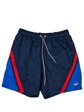 Speedo Men’s Swim Trunks Striped Blue Red Drawstring Pockets L